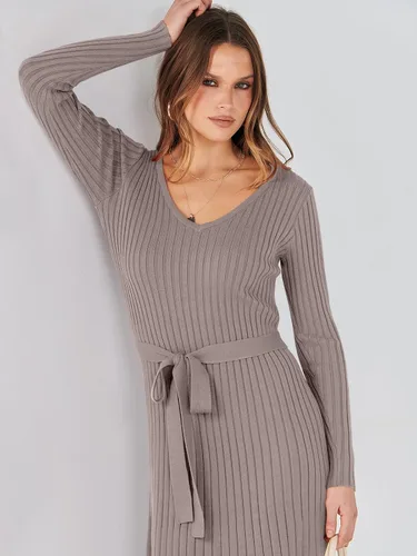 Vista 7 de ANRABESS Vestido tipo suéter de manga larga con cuello en V para mujer, plisado, ajustado, acanalado, de punto, con cinturón