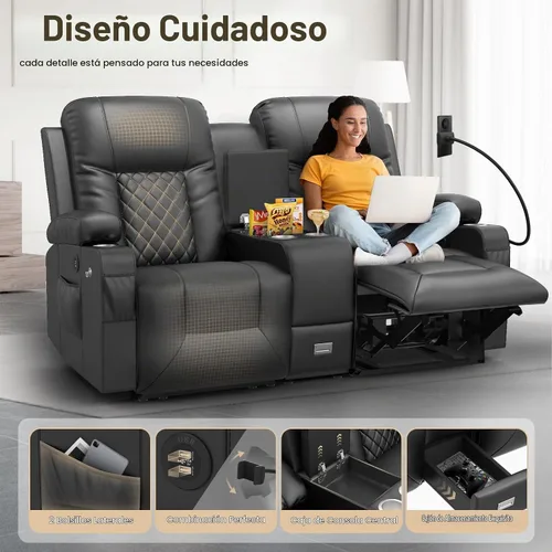 Vista 4 de YONISEE Juego de muebles de sala de estar, sofá biplaza reclinable de 2 plazas y silla reclinable giratoria de 360° con masaje, sofá reclinable