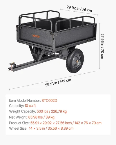 Vista 7 de VEVOR 10 pies cúbicos y 500 libras de remolque para ATV con función de descarga, remolque de utilidad para UTV de carga pesada, remolque de descarga