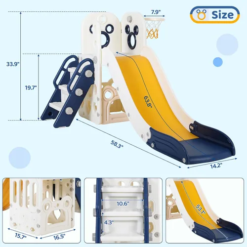 Vista 2 de Arlopu Juego de tobogán 6 en 1 para niños pequeños, tobogán resistente para niños con aro de baloncesto y telescopio, pasos antideslizantes, juego