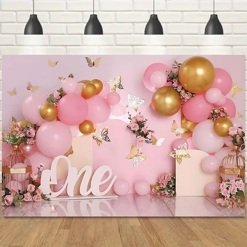 Vista 5 de Telón de fondo de 1er cumpleaños para niña, globos rosados, mariposa dorada, dulce para niños, decoración de fiesta de cumpleaños, fotografía