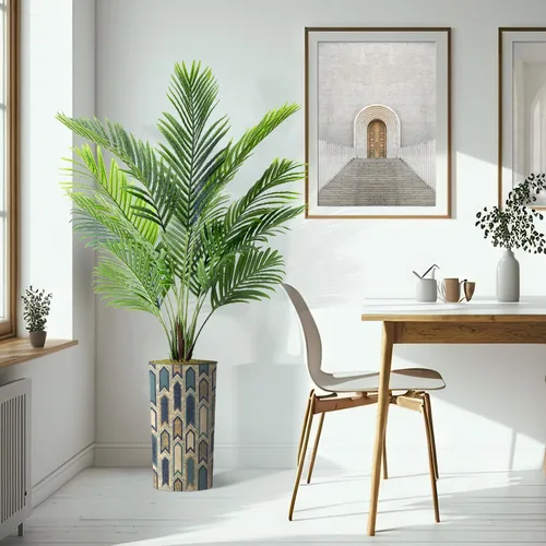 Vista 6 de Árbol artificial en macetero moderno con patrón poligonal, palmera tropical areca artificial de seda para decoración del hogar en interiores