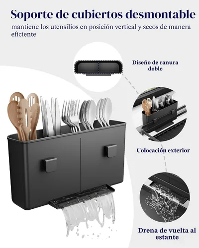 Vista 6 de Kitsure - Escurridor multifuncional para platos, 15.7 x 12.0 x 5.5 pulgadas, color negro Dish Rack for Kitchen Counter with Cutlery Holder