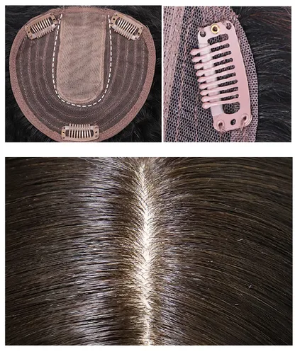 Vista 6 de Peluca de cabello humano rizado tipo tupé para mujer con flequillo lateral/flecos que añaden volumen al cabello, base de seda de 5 x 5 pulgadas