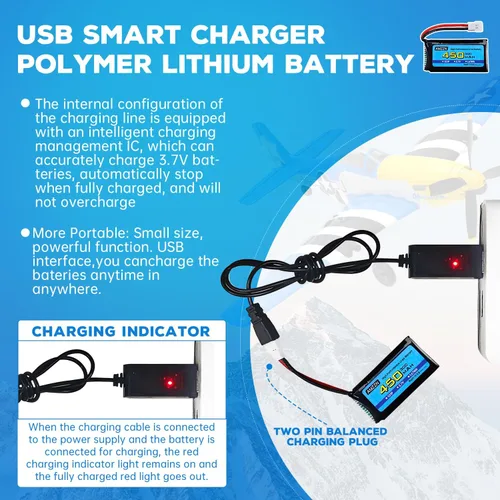 Vista 4 de 2 baterías Lipo de 3.7 V 450 mAh 30C con cable de carga USB, enchufe Molex compatible con la mayoría de drones RC, aviones de cuatro ejes y modelos