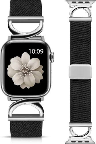 Vista 13 de Minyee Correa magnética elástica compatible con Apple Watch Band de 38/40/41/42/44/45/46/1.929 in para mujer, correa de metal en forma de C
