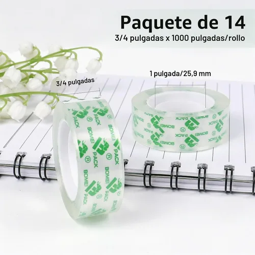 Vista 2 de BOMEI PACK 14 rollos de cinta transparente cristalina, recambios de cinta transparente para dispensador, cinta para manualidades para envolver