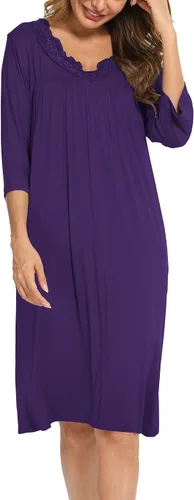 Vista 3 de YYA Nightgowns for Women 34 Sleeve Sleepwear Lace Comfy Sleep Gowns Pleated V Neck Plus Size Nightshirt S-4XL