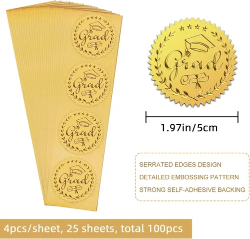 Vista 2 de CRASPIRE Calcomanías de papel de aluminio dorado de 2 pulgadas en relieve, sellos de certificado de graduación, calcomanías autoadhesivas, 100