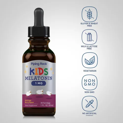 Vista 4 de Piping Rock Melatonina líquida para niños, 1 onza líquida, 1 mg, paquete de 3 botellas, gotas con sabor a bayas, suplemento sin OMG, sin gluten
