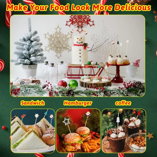 Vista 7 de KIMOBER 160 palillos de cóctel de Navidad, varios palillos de dientes de frutas de bambú para alimentos, aperitivos, bebidas, decoración de pasteles