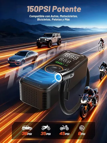 Vista 3 de Compresor de aire portátil para inflar neumáticos, bomba de aire eléctrica de 150 PSI con manómetro digital, inflado rápido, apagado automático, luz