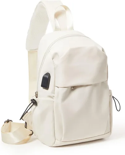 Vista 7 de SEAFEW Small Beige Sling Backpack Travel Hiking Daypack, Crossbody Sling Bag with USB Charging Port for Men Women 3 Layer Pockets One Shoulder Bag