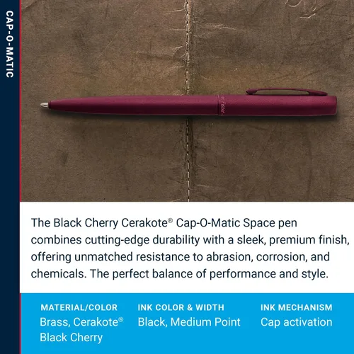 Vista 3 de Fisher Space Pen Cap-O-Matic - Bolígrafo de punta redonda, cereza negra, acabado cerakote, clip de bolsillo, tinta negra