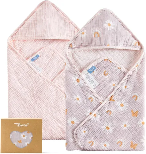 Vista 11 de TILLYOU Paquete de 2 toallas de muselina con capucha para recién nacido, 32 x 32 pulgadas, toallas de baño suaves para bebé altamente absorbentes