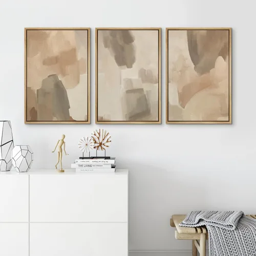 Vista 273 de SIGNFORD - Set de obras de arte en lienzo enmarcado para pared, ilustraciones abstractas de neblina del desierto en tonos neutros beige y marrón