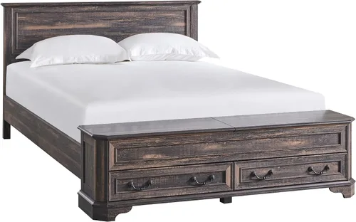 Vista 7 de T4TREAM Cama Queen de granja con cabecera y banco de almacenamiento, cama de plataforma de madera rústica con baúl de almacenamiento de 64 pulgadas