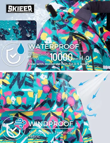 Vista 6 de Skieer Chaqueta de esquí para mujer, impermeable, resistente al viento, chaqueta de snowboard cálida con capucha para invierno