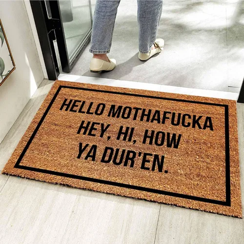 Vista 5 de Divertido tapete de coco – Hello Mothafucka Welcome Front Porch Decor – Alfombra personalizada con respaldo de PVC resistente – Tapete