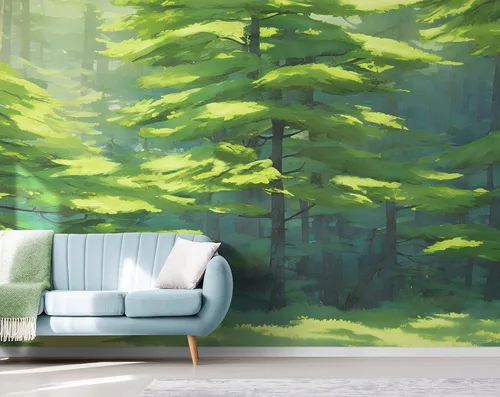 Vista 6 de Papel tapiz de árbol forestal, papel tapiz extraíble de bosque verde, papel tapiz para despegar y pegar, papel tapiz temporal, impresiones de pared.