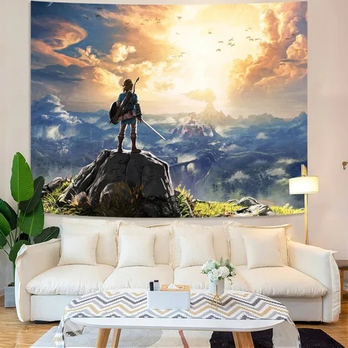Vista 3 de kampdream Tapiz de videojuegos de anime, paisaje de cielo y montaña, para niños, hombres, dormitorio, sala de estar, 36 x 48 pulgadas