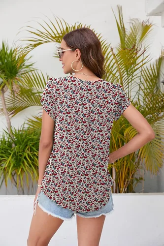 Vista 2 de TASAMO Blusas de gasa con cuello en V dividido para mujer, de verano, holgadas, de manga corta