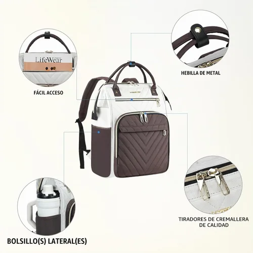 Vista 5 de VANKEAN Mochila para portátil de 17 pulgadas para mujeres y hombres, bolsa de trabajo de computadora de moda, Beige-café, 15,6 pulg., 7702