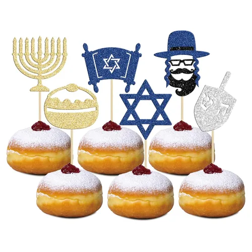 Vista 13 de Gyufise 24 decoraciones para cupcakes de Feliz Hanukkah Star of David, decoraciones para fiestas de Hanukkah, suministros de fiesta temática