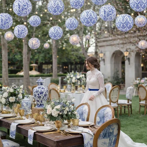 Vista 5 de Retisee 12 linternas de papel chinoiserie de 10 pulgadas con estampado de Azul