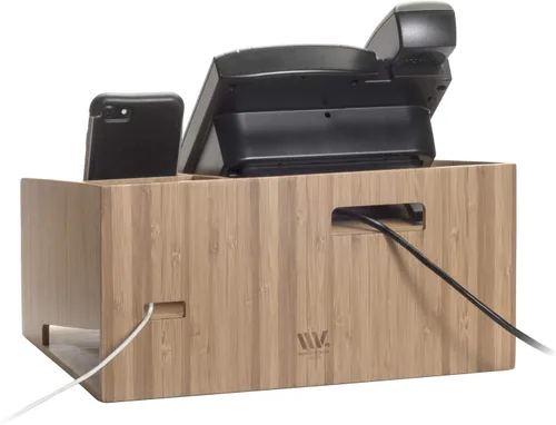 Vista 7 de MobileVision Soporte de teléfono de bambú con cajón, bandeja de papel y soporte para lápices, solución de almacenamiento para productos de oficina