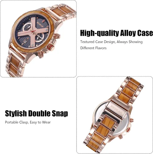Vista 4 de RORIOS Reloj de madera para hombre multifunción cronógrafo reloj de madera natural hecho a mano reloj de cuarzo impermeable para hombre