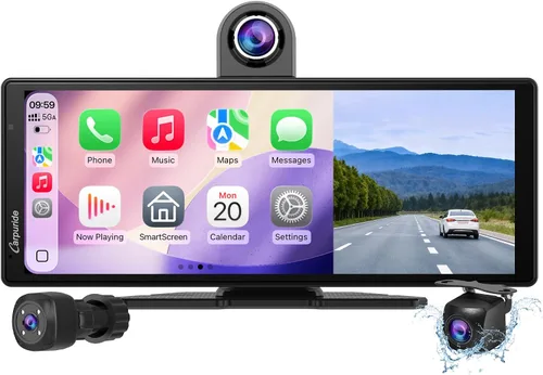 Vista 9 de Carpuride Carplay inalámbrico portátil 4K W903 y Android Auto con cámara de salpicadero, pantalla HD IPS de 9.3 pulgadas, cámara frontal 4K