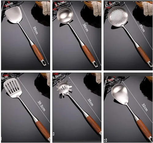 Vista 2 de 6 utensilios de cocina de acero inoxidable – Juego de herramientas de cocina con mango Hua Limu resistente al calor con cuchara ranurada, servidor