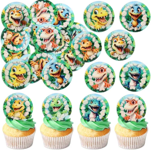 Vista 10 de Ercadio 40 piezas comestibles de dibujos animados de dinosaurios para cupcakes para bebida, decoración de tartas para temática de dinosaurios, baby