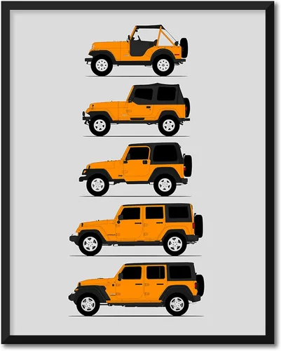 Vista 21 de Custom Car Posters Póster hecho a mano compatible con Jeep Wrangler Generations e impresión de CJ, YJ, TJ, JK, JL, estadounidense, 8 x 10 pulgadas
