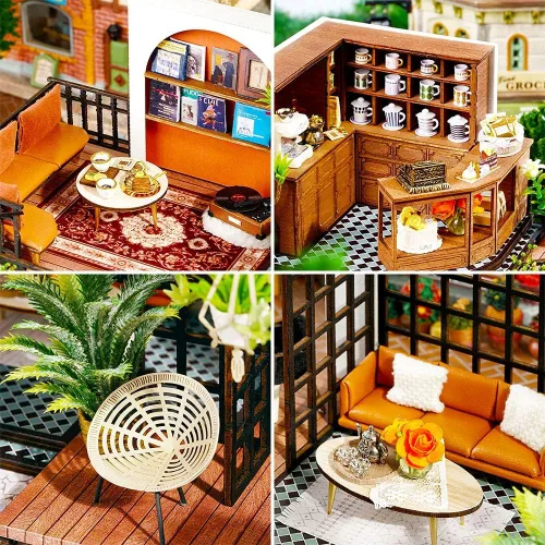 Vista 5 de Roroom Kit de casa de muñecas en miniatura y muebles, modelo de casa de muñecas de madera en 3D con cubierta a prueba de polvo y movimiento musical