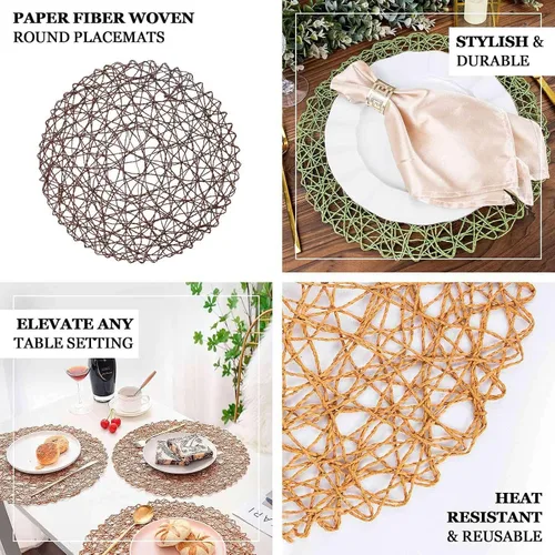 Vista 4 de Efavormart - Paquete de 6 manteles individuales redondos de 15 pulgadas con cuerda metálica beige para bodas, eventos, fiestas de cumpleaños