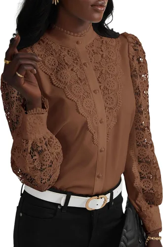 Vista 32 de Rooscier Blusa Elegante de Encaje de Crochet con Cuello Alto Simulado de Manga Larga con Botones para Mujer Top