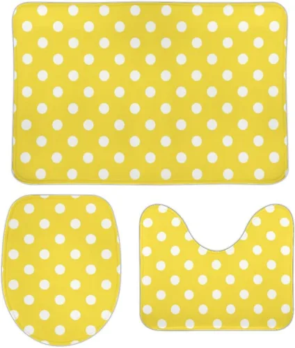 Vista 10 de Juego de 3 alfombras de baño con diseño de lunares, color azul aguamarina, antideslizante, con contorno en forma de U y tapa de inodoro