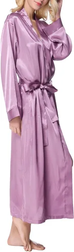Vista 2 de Lavenderi - Bata larga de descanso con corte clásico de satén, estilo quimono, para mujer