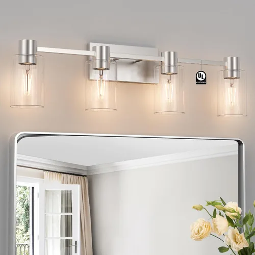 Vista 16 de Lámparas de tocador modernas de 4 luces sobre el espejo, lámparas de baño negro mate, luces de tocador, aplique de pared con pantalla de vidrio