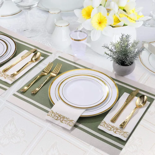 Vista 4 de FOCUSLINE Juego de vajilla dorada de 175 piezas para 25 invitados - Platos desechables de plástico blanco con borde dorado resistente, incluye 25