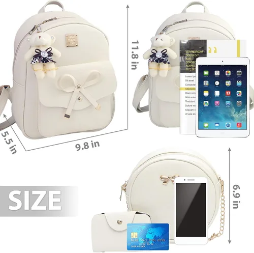 Vista 6 de K.E.J. Mini mochila de cuero Bowknot de 3 piezas, linda mochila pequeña para mujer, Beige, Mochilas Daypack