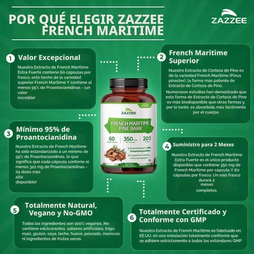 Vista 6 de Zazzee Extracto de corteza de pino marítimo francés extra fuerte 20:1, 60 cápsulas