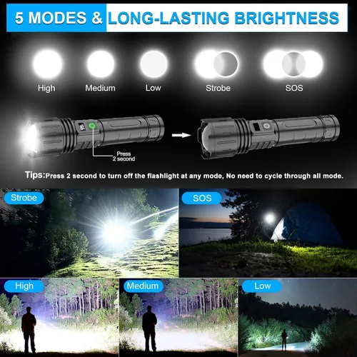 Vista 4 de Linternas LED recargables de alto lúmenes, linterna táctica recargable súper brillante de 1500 metros y alto lúmenes con 5 modos, impermeable