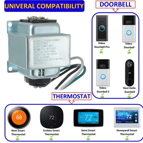 Vista 4 de BOJACK Transformador de timbre 16V 30VA Fuente de alimentación AC Termostato 16 Voltios 30VA Adaptador de corriente Compatible con timbre Ring Video