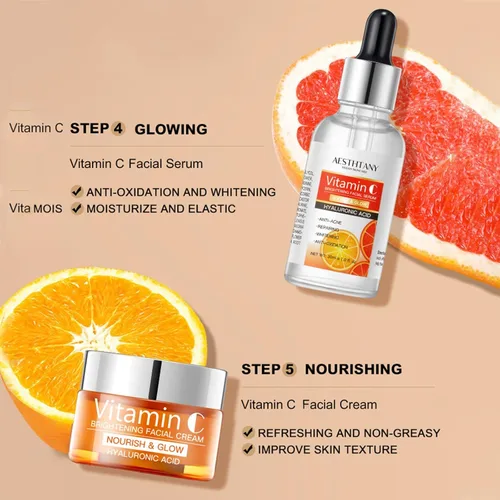 Vista 4 de Set de cuidado de la piel con vitamina C para mujeres, rutina hidratante 5 en 1 con ácido hialurónico con limpiador facial, suero, crema facial