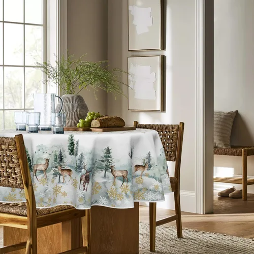 Vista 3 de Horaldaily Mantel de Navidad redondo de 60 x 60 pulgadas, ciervos nevados dorados, cubierta de mesa lavable para decoración de fiestas, pícnic, cenas