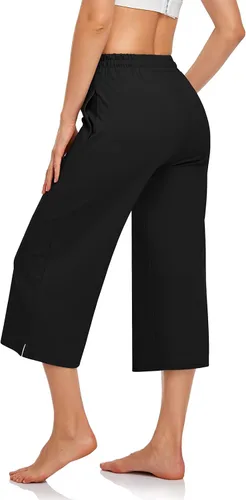 Vista 3 de UEU Pantalones capri de yoga para mujer, de verano, pierna ancha, holgados, casuales, recortados, con cordón, pantalones capri con bolsillos