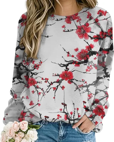 Vista 3 de ZOCANIA Sudaderas para mujer, sin capucha, manga larga, cuello redondo, estampado floral, ajuste holgado